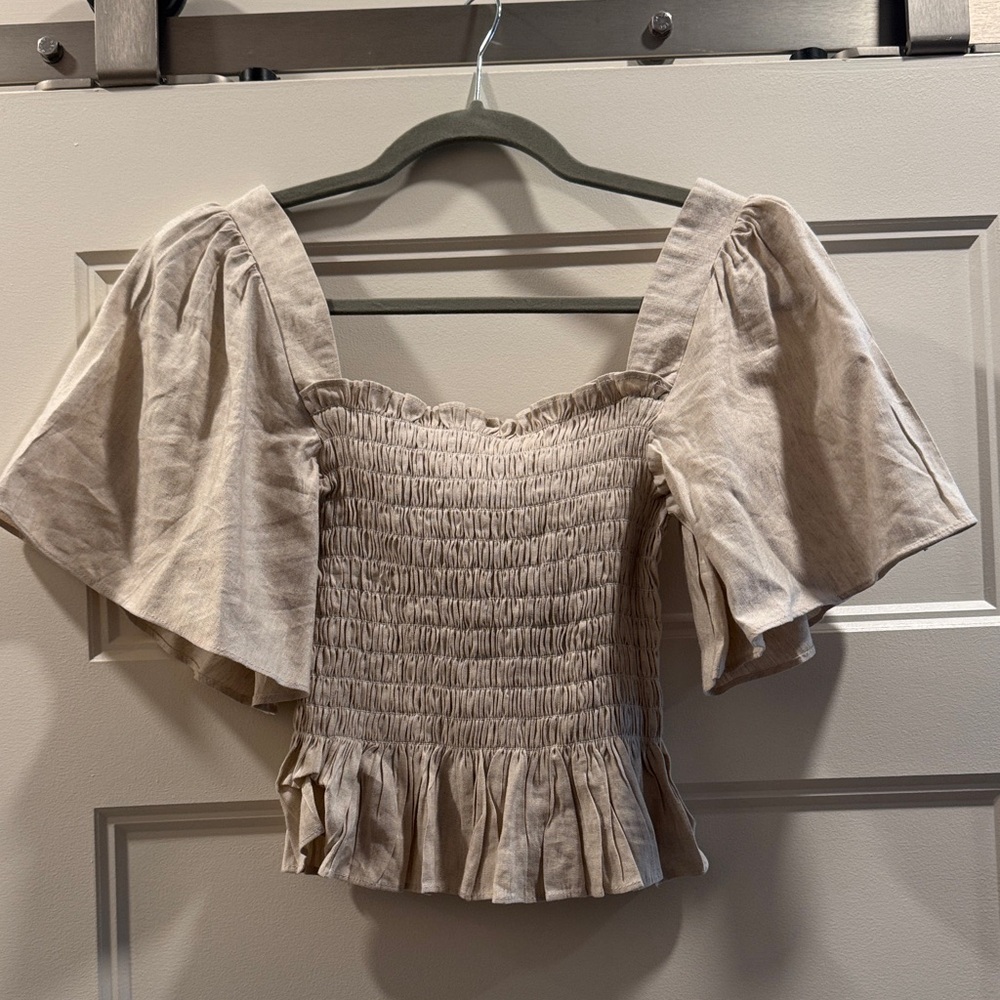 Lulu's Beige Smocked Square-Neck Crop Top with Flutter Sleeves